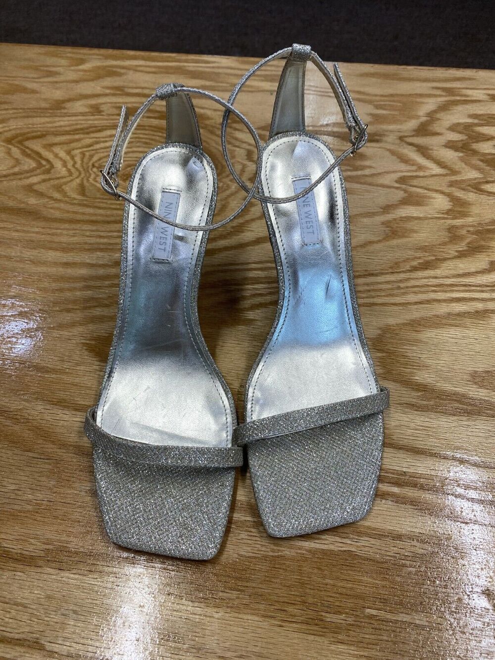 Nine West Heeled Sandals Womens 9.5M Silver Glitter Rhinestone Square Toe B50